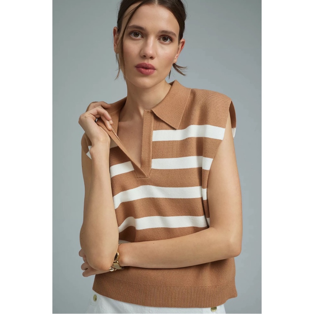 Anthropologie Maeve Stripe Collared Sleeveless Sweater Vest In Came/White NWT XS